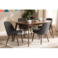 Baxton Studio Cody-Dark Grey-5PC Dining Set Cody Mid-Century Modern Dark Grey Fabric Upholstered Walnut Finished Wood 5-Piece Dining Set